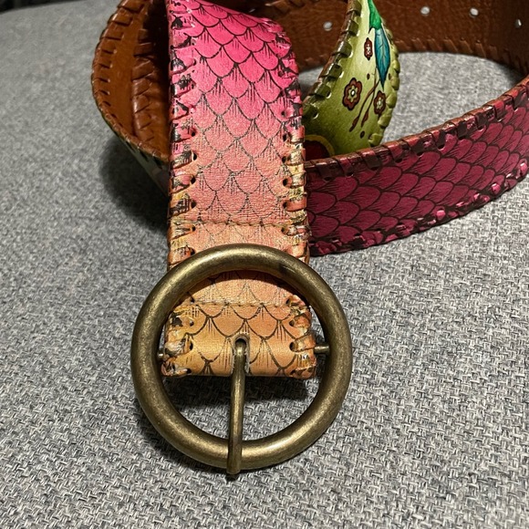 Colorful Belt bronze buckle stitched edges painted floral‎ snake pattern 34-38 - Picture 2 of 14
